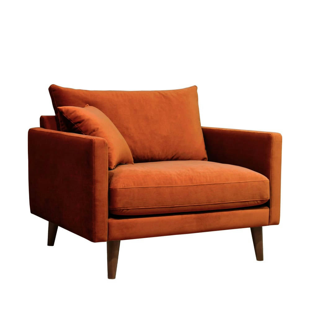 VILLABON - Fauteuil XL en velours pieds bois foncé rouille