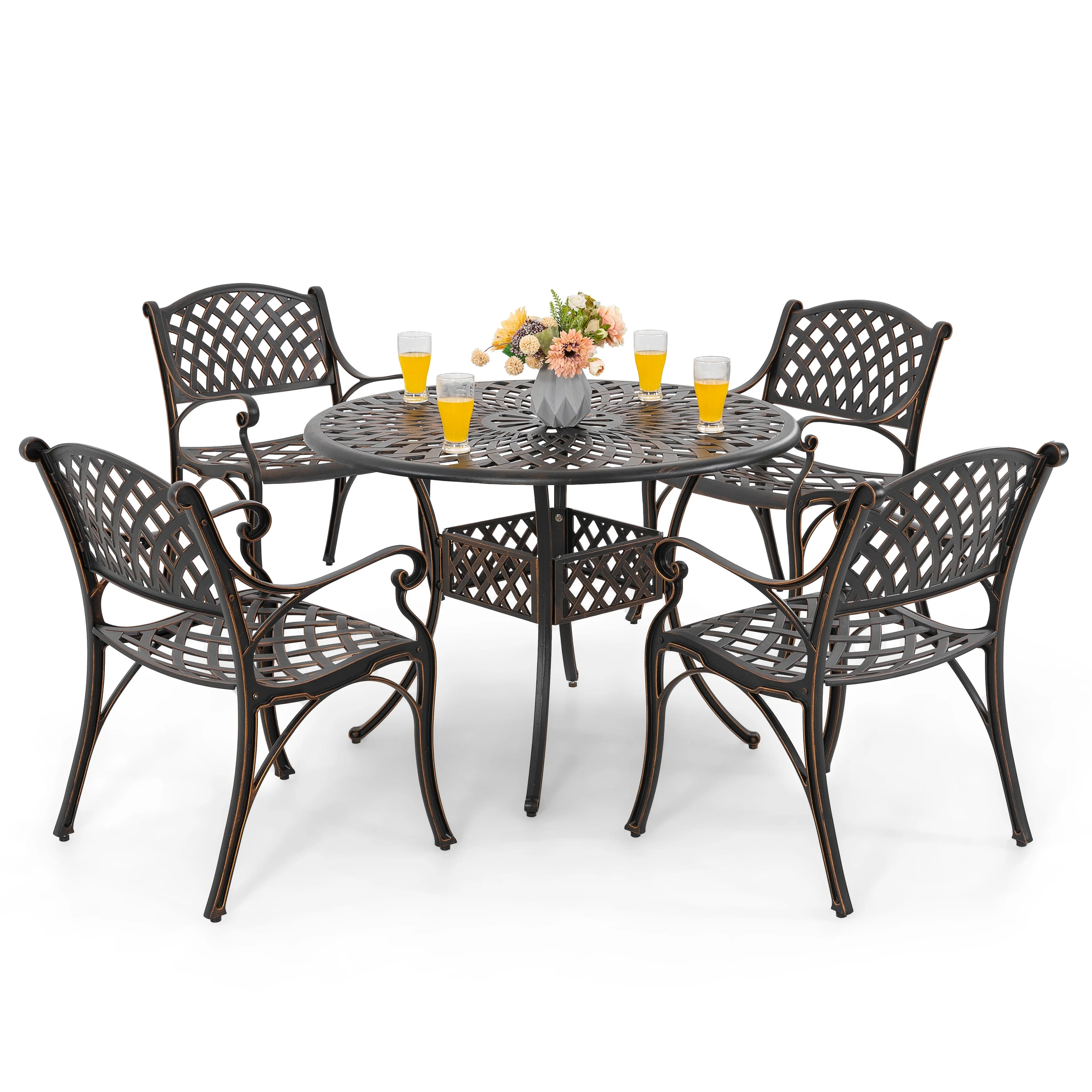 Outdoor 5-Piece Cast Aluminum Dining Set, Black with Gold-Painted Edges