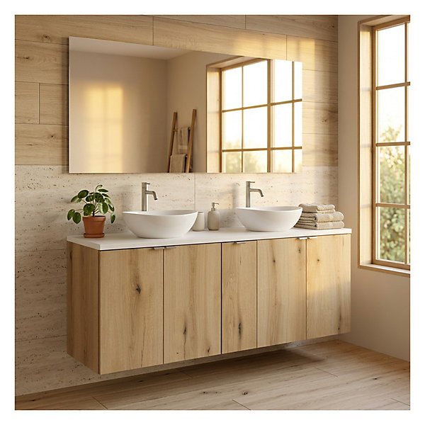 Ensemble de salle de bain suspendu VANO aspect chene et blanc 140cm : meubles sous vasque à placards et plan pour vasque