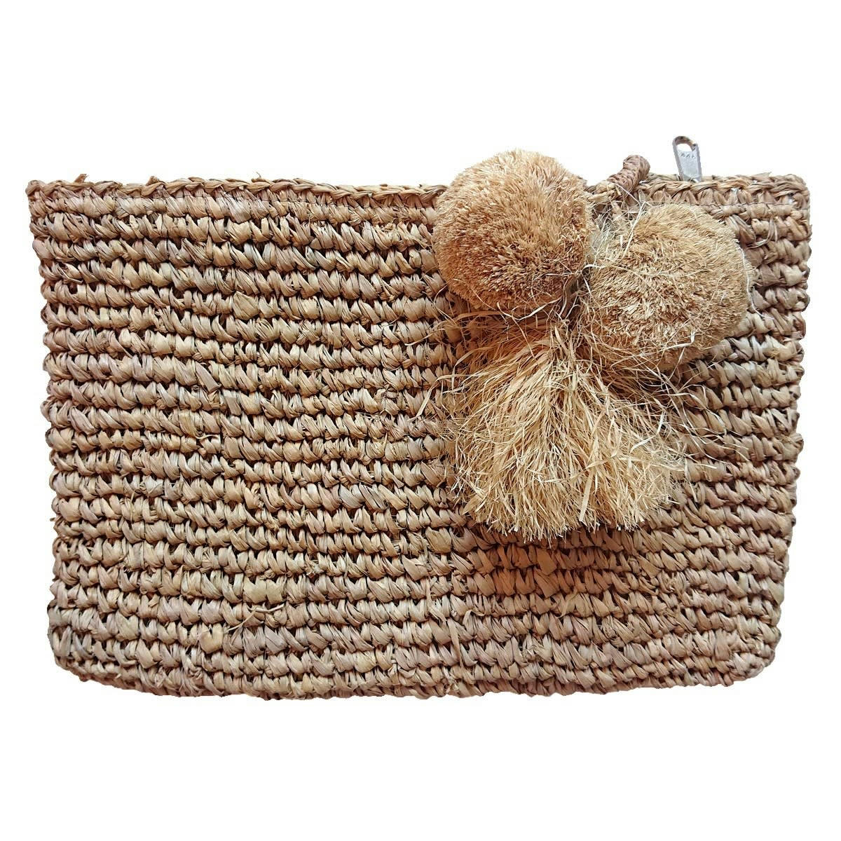 BONA - Pochette en raphia naturel avec pompons, beige 