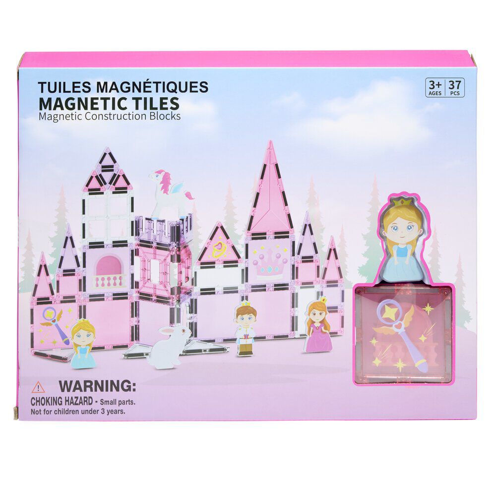 Jeu construction enfant fille tuiles magnétiques x37 thème princesse rose