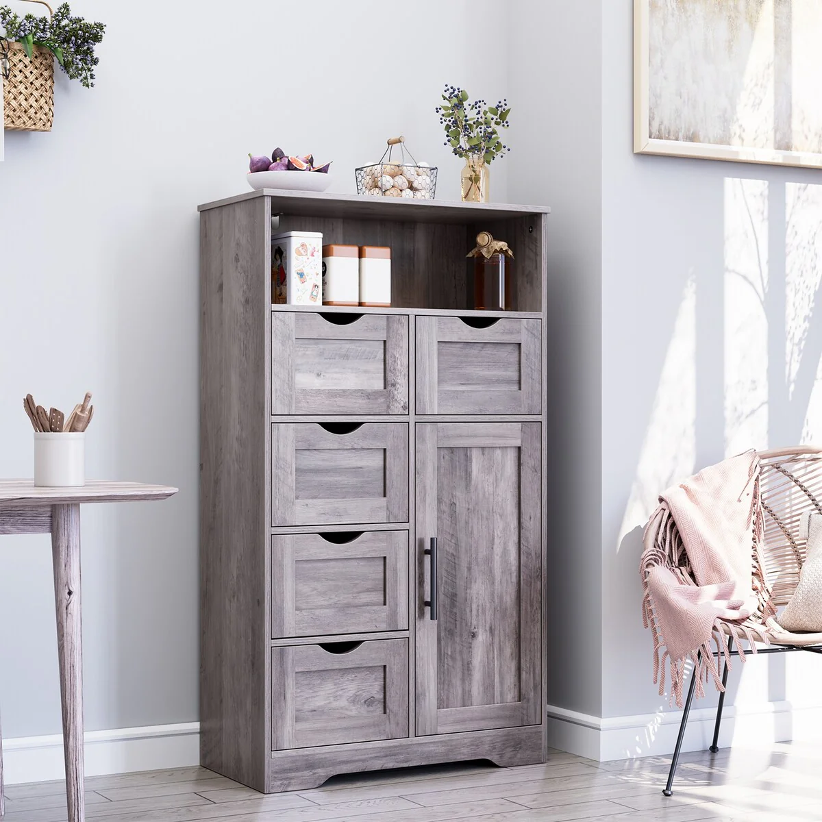 Modern Wooden Storage Cabinet with Five Drawers and One Doors