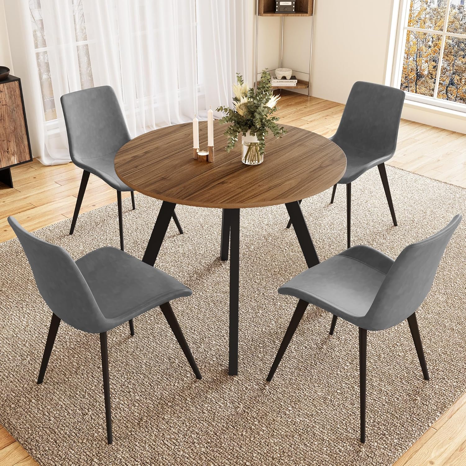 Zerifevni 34.6'' Round Dining Table and Chairs for 4 Space Saving for Apartment Kitchen Dining Room (Walnut Table+4 Grey Chairs)