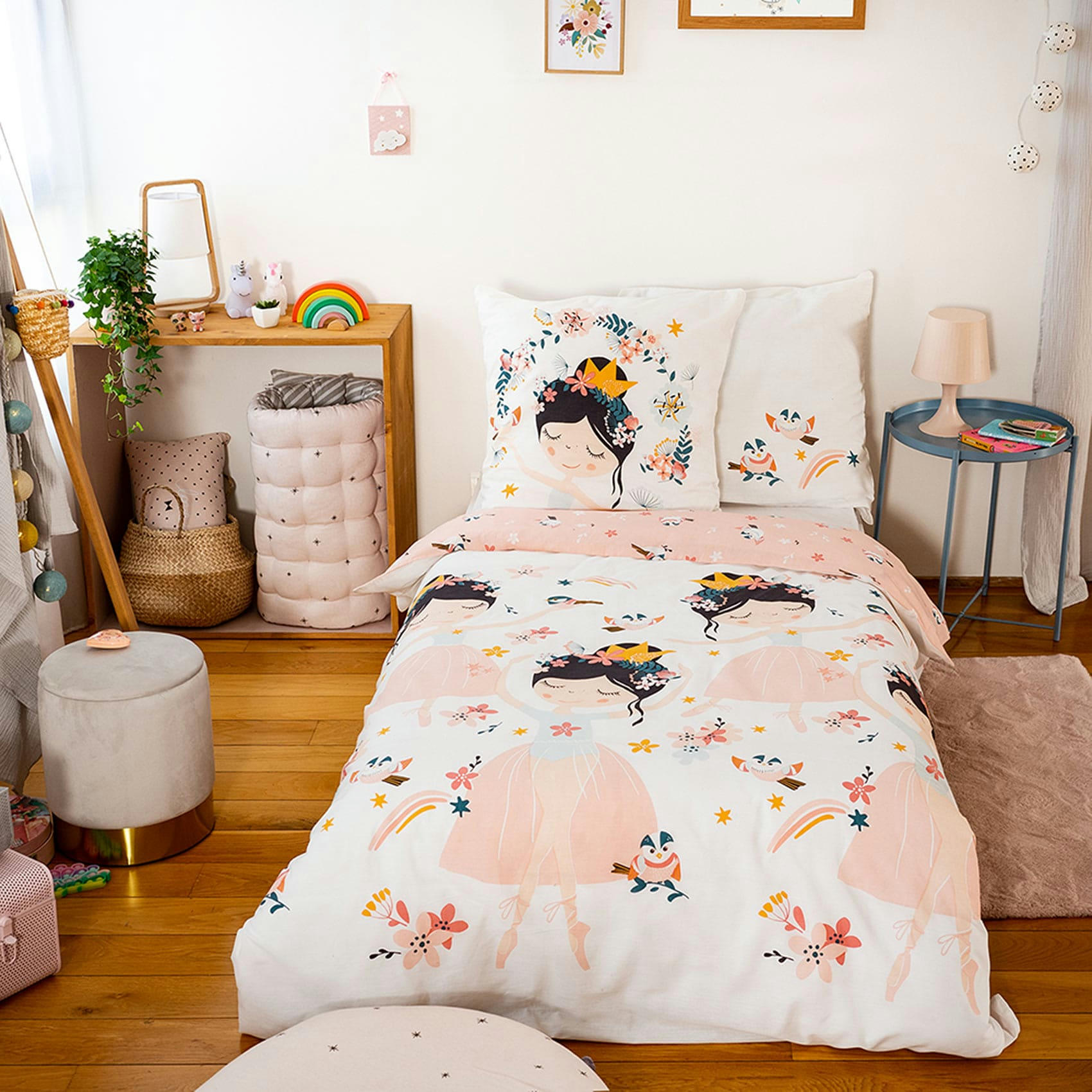 - Parure de couette imprimée danseuse étoile coton rose clair 140x200 cm