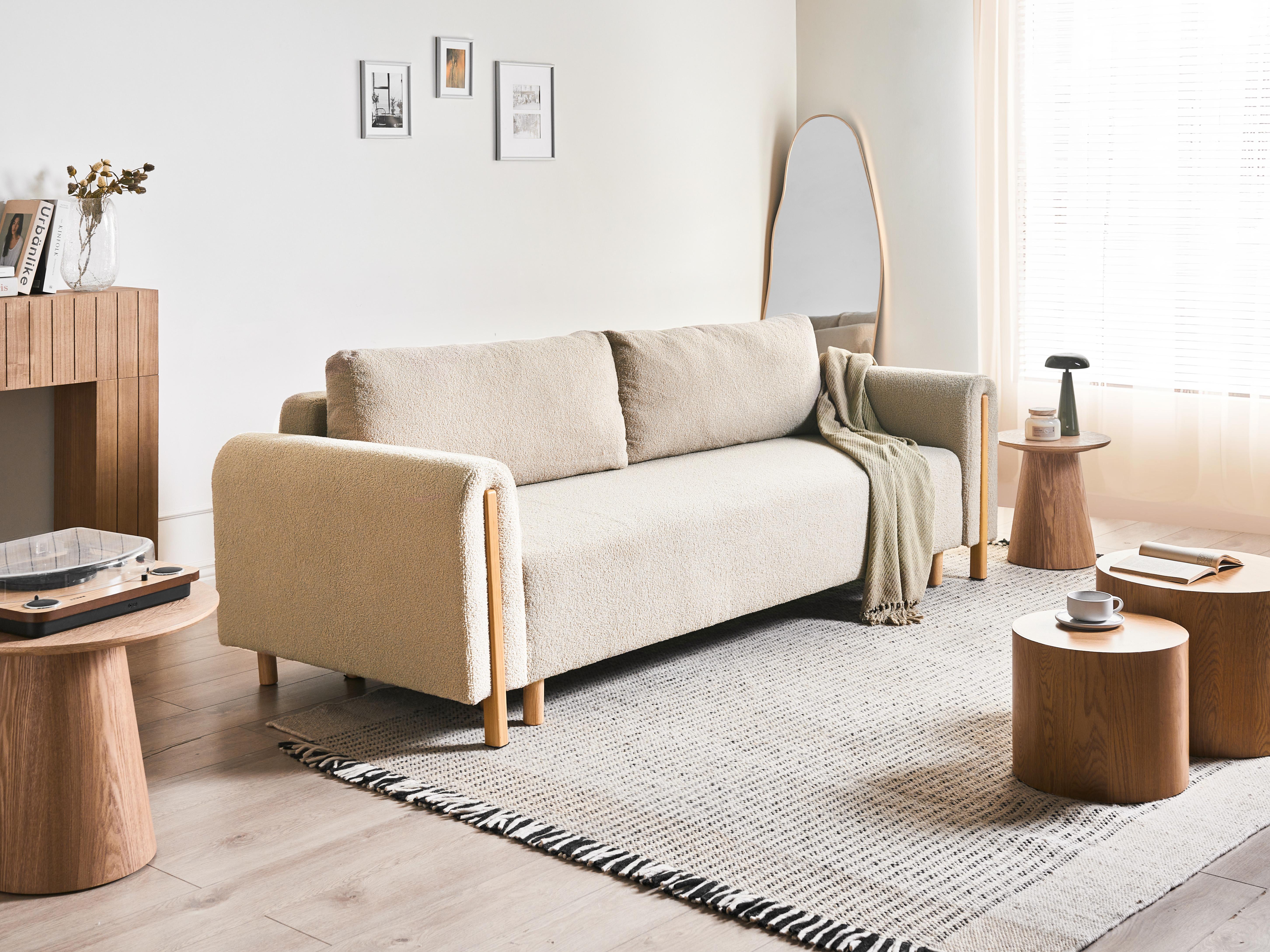 Sofa Bed 3 Seater KVAM Boucle Light Beige with Storage