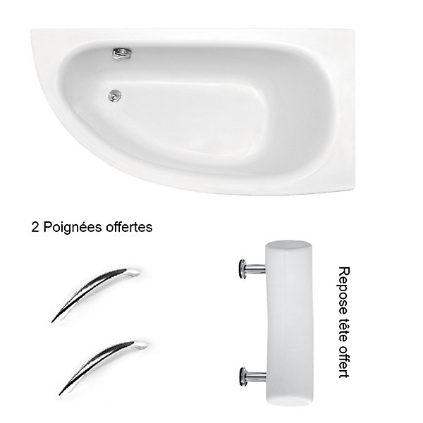 Baignoire asymétrique   tablier blanc   repose tête   poignées - MILENA PREMIUM - 150 x 70 cm - Gauche