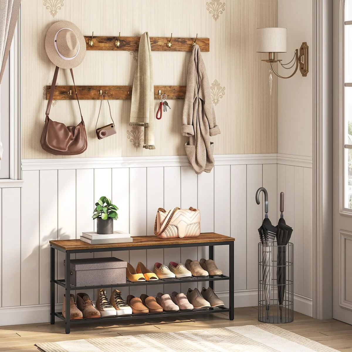 Hall Tree with Bench, Coat Rack Shoe Bench Set, Entryway Shoe Rack Bench with Coat Hooks, 39.4 L x 11.8 W x 18.1 H