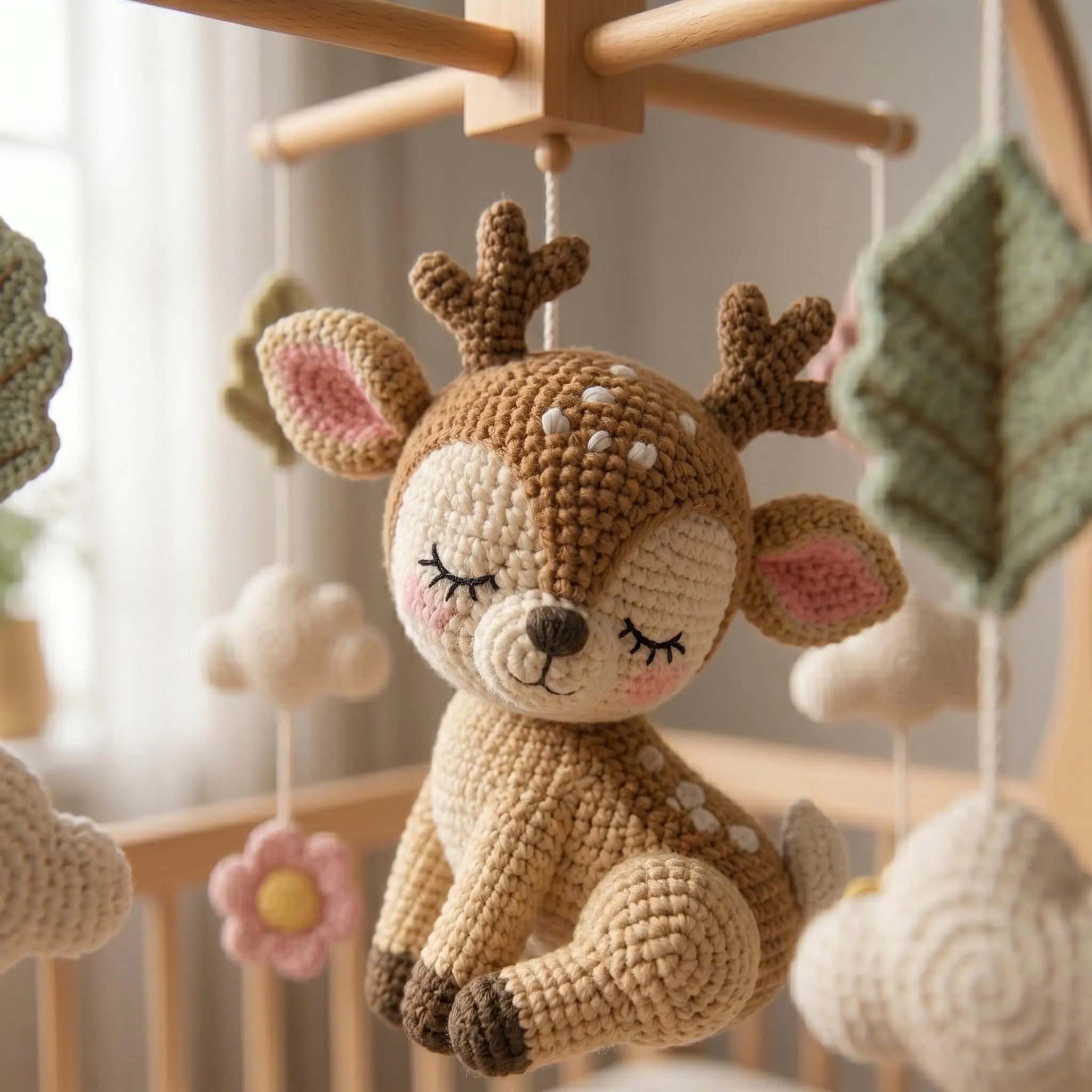 Crochet Baby Mobile, Woodland Deer Crib Mobile, Handmade Nursery Decor, Baby Shower Gift, Boho Gender Neutral Baby Room Decor