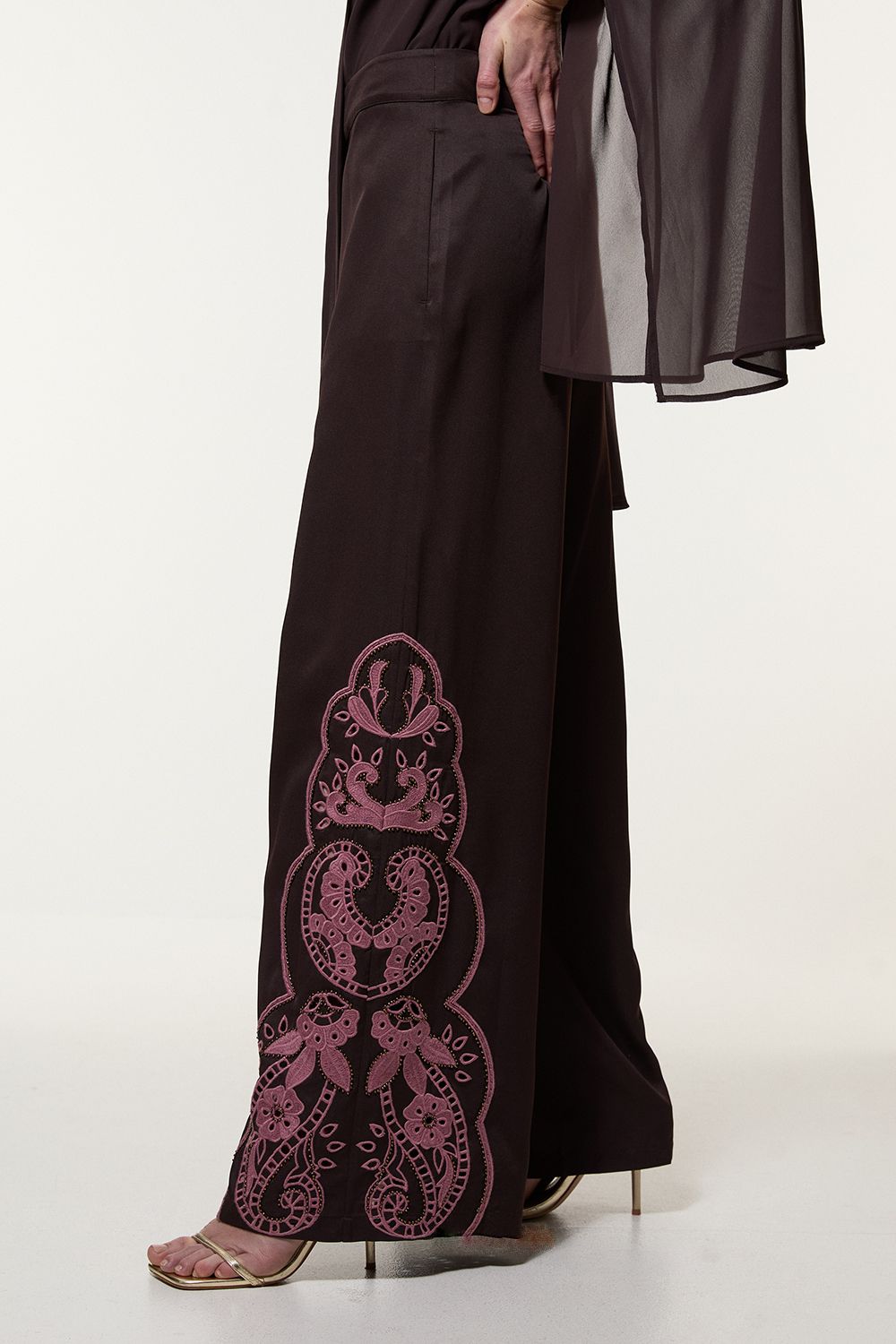 KarenMillen Tall Cutwork Beaded Twill Wide Leg Woven Trouser
