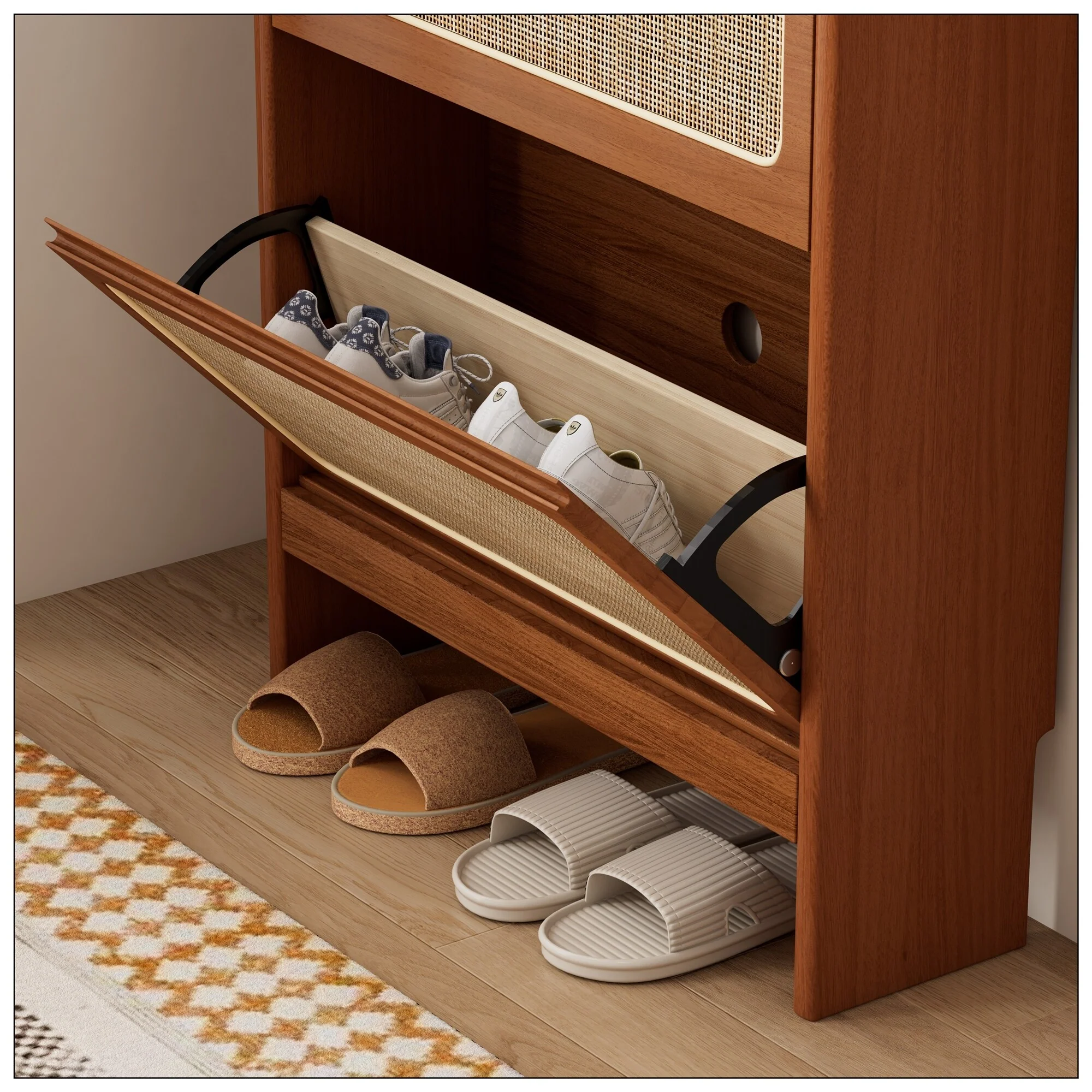 Rattan Shoe Cabinet with 3 Flip Drawers for Entryway