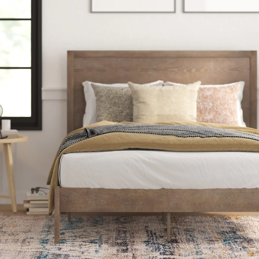 Solid Wood Platform Bed with Headboard and Wooden Slats