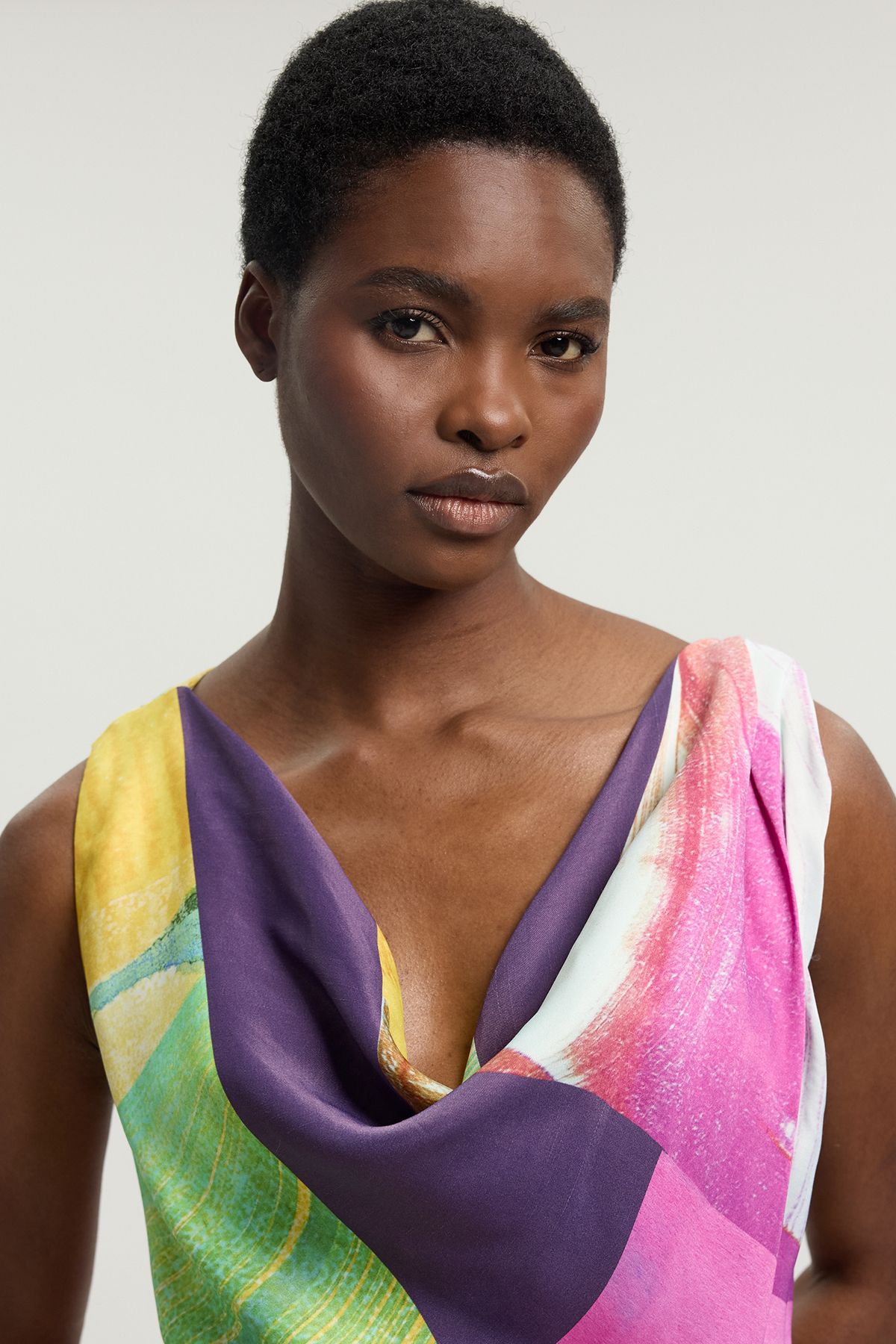 KarenMillen Pink Abstract Twist Shoulder Satin Viscose Midi Dress