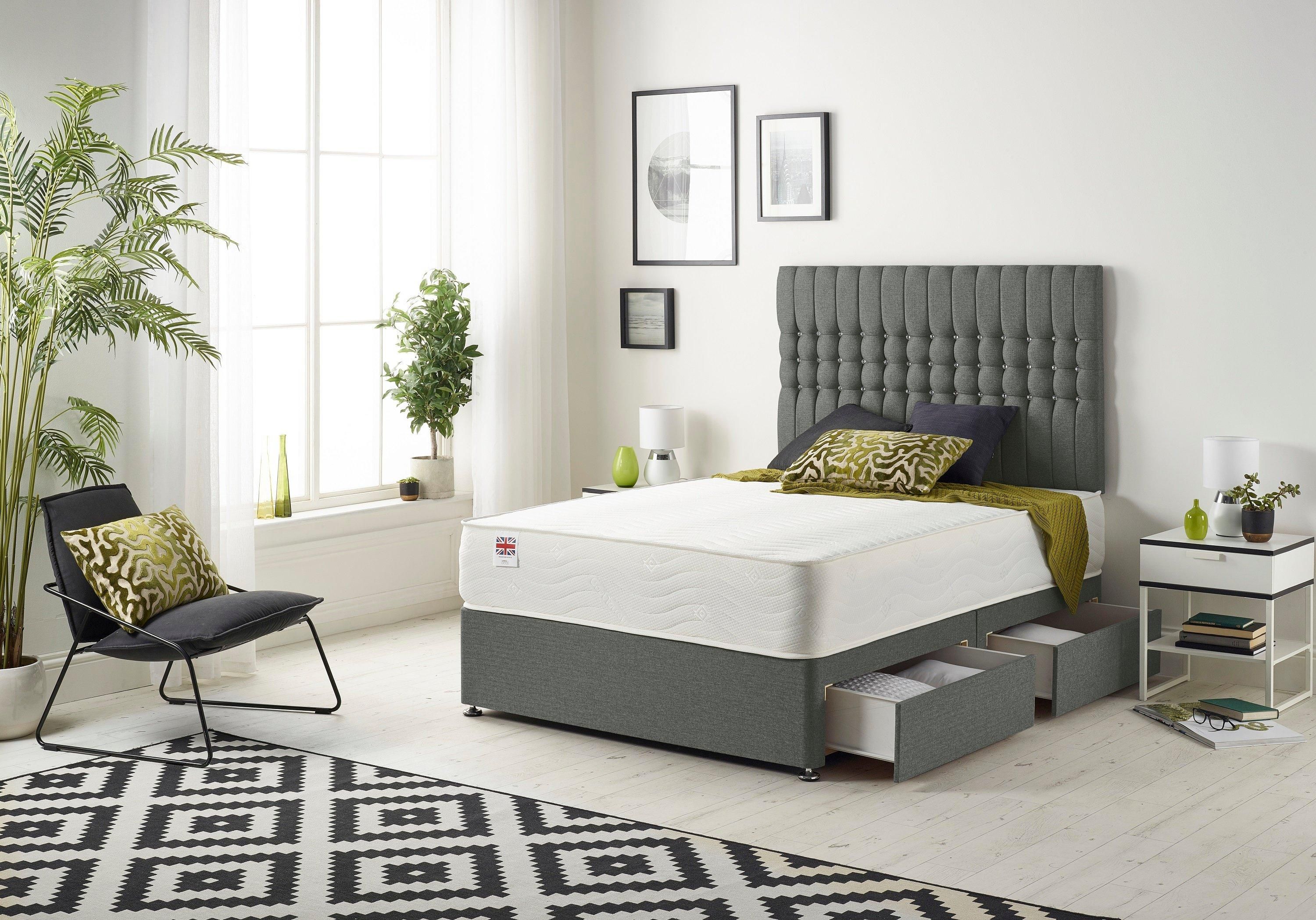 Somnior Galaxy Sprung Memory Foam 2 Drawer Divan Bed with Upholstered Headboard Linen Fabric
