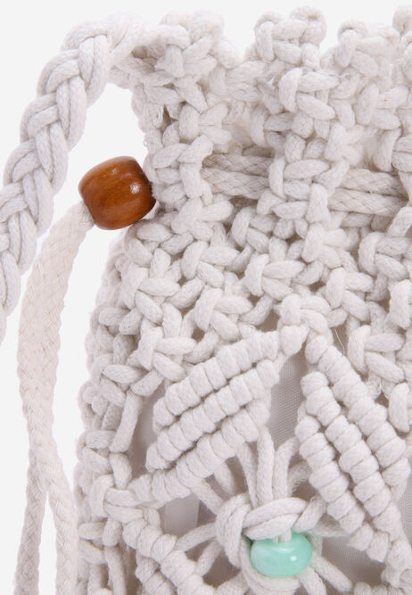 Womens Cream Drawstring Crochet Cross Body Bag