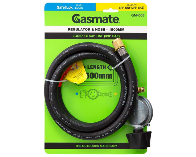 Gasmate PVC Hose & Regulator - 1500mm (LCC27 TO 5/8" UNF (3/8" SAE))