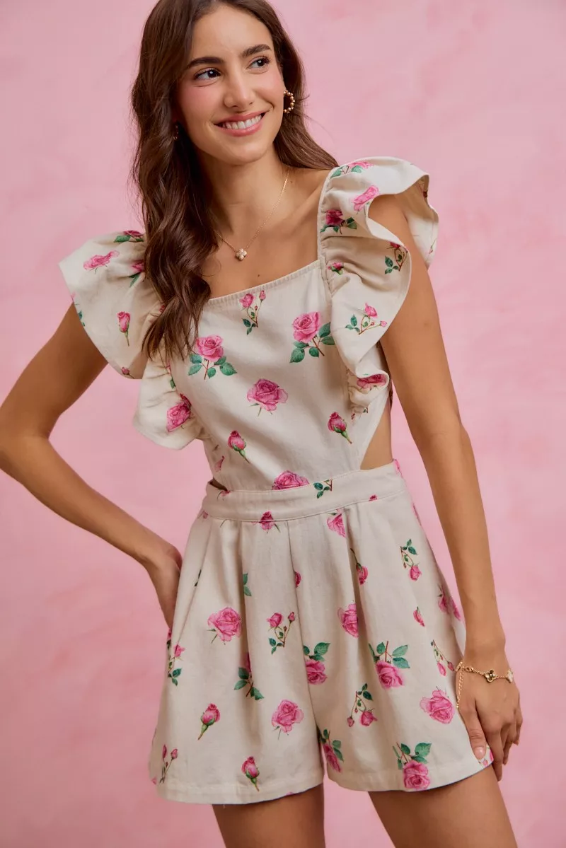 Floral Print Denim Cut Out Waist Ruffled Romper