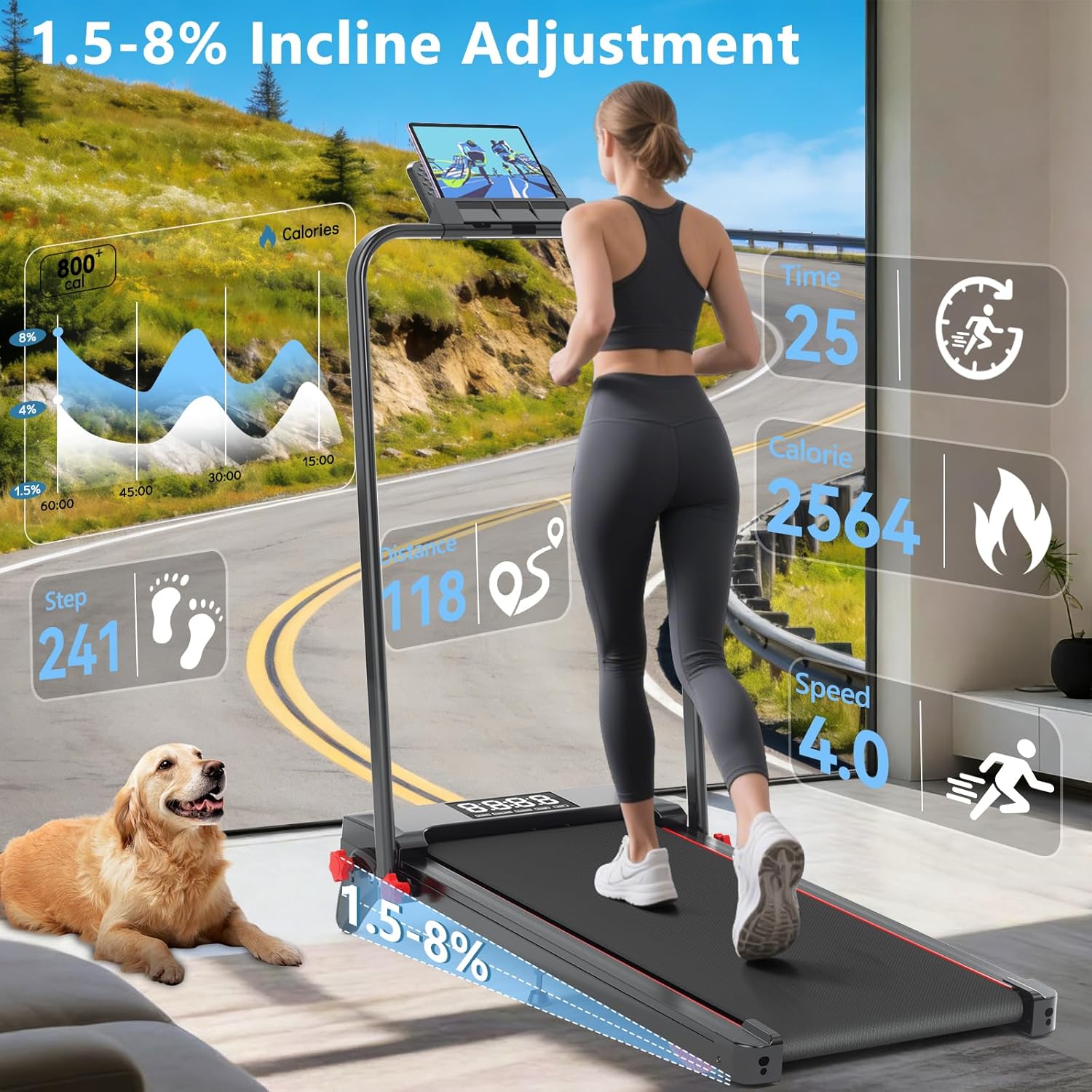 Walking Pad with Handle Bar and Incline, 3 in 1 Under Desk Treadmill with Hiking Mode, 2.5HP Low Noise Walking Treadmill Pad with Remote Control,Portable Treadmills for Home Office, Led Display