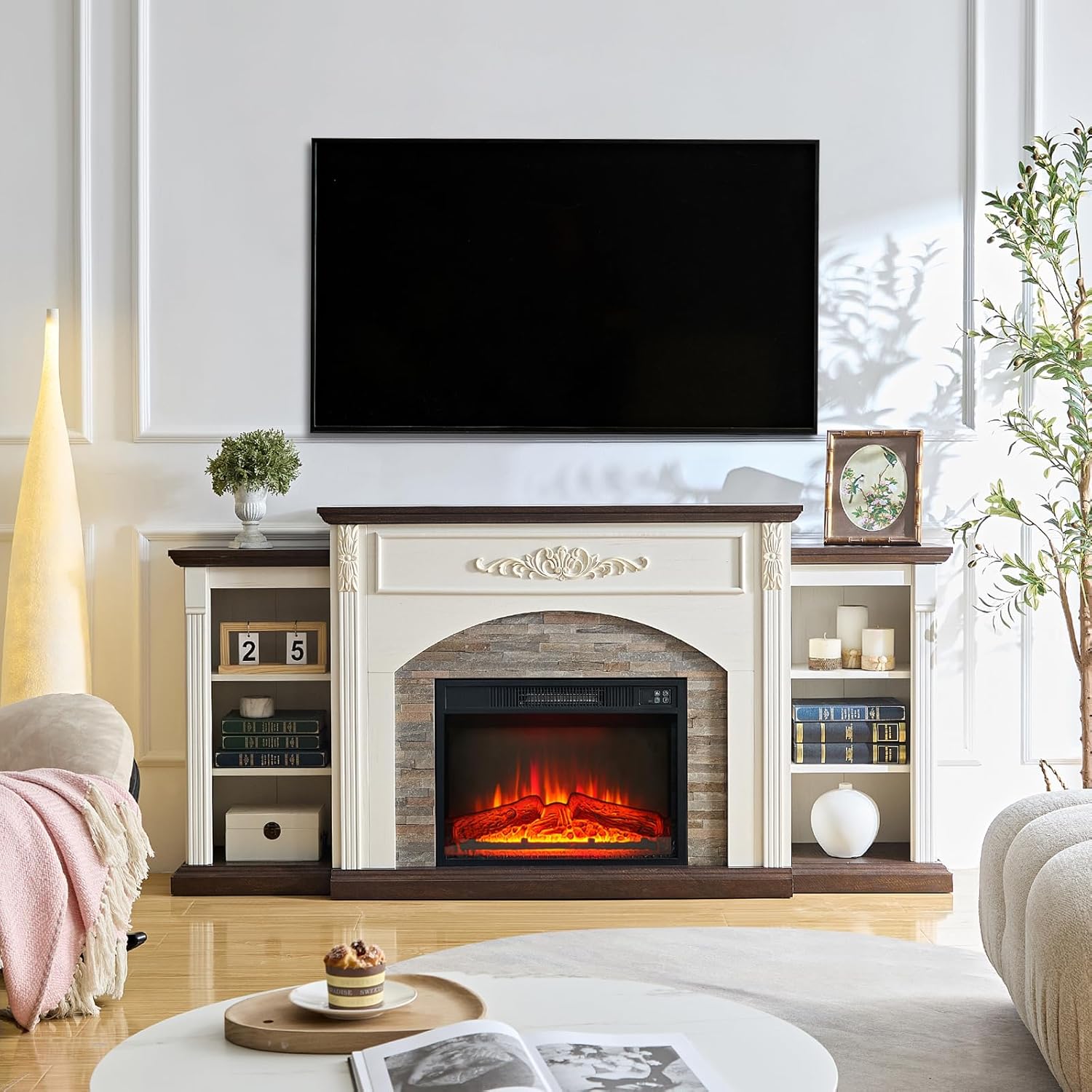 72 Electric Fireplace with Mantel, White TV Stand for TVs Up to 80 Inch, Farmhouse Entertainment Center with Storage for Bedroom,23'' Fireplace Insert Heater for Living Room