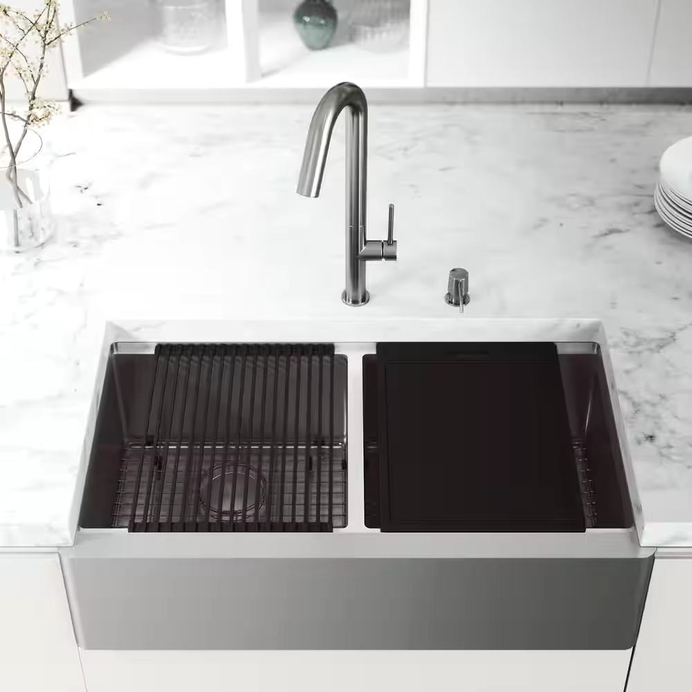 Vigo Oxford Apron Front Farmhouse Stainless Steel Double Bowl Kitchen Sink, 21x36x10-in
