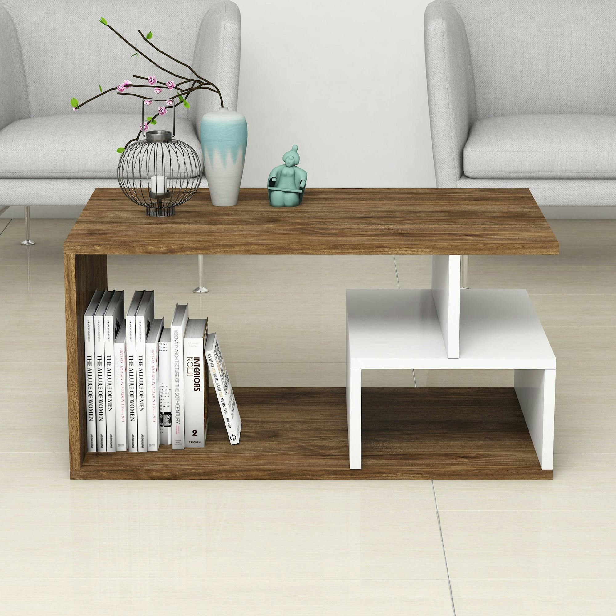 Table basse avec rangement ouvert, effets noyer & blanc MARFA