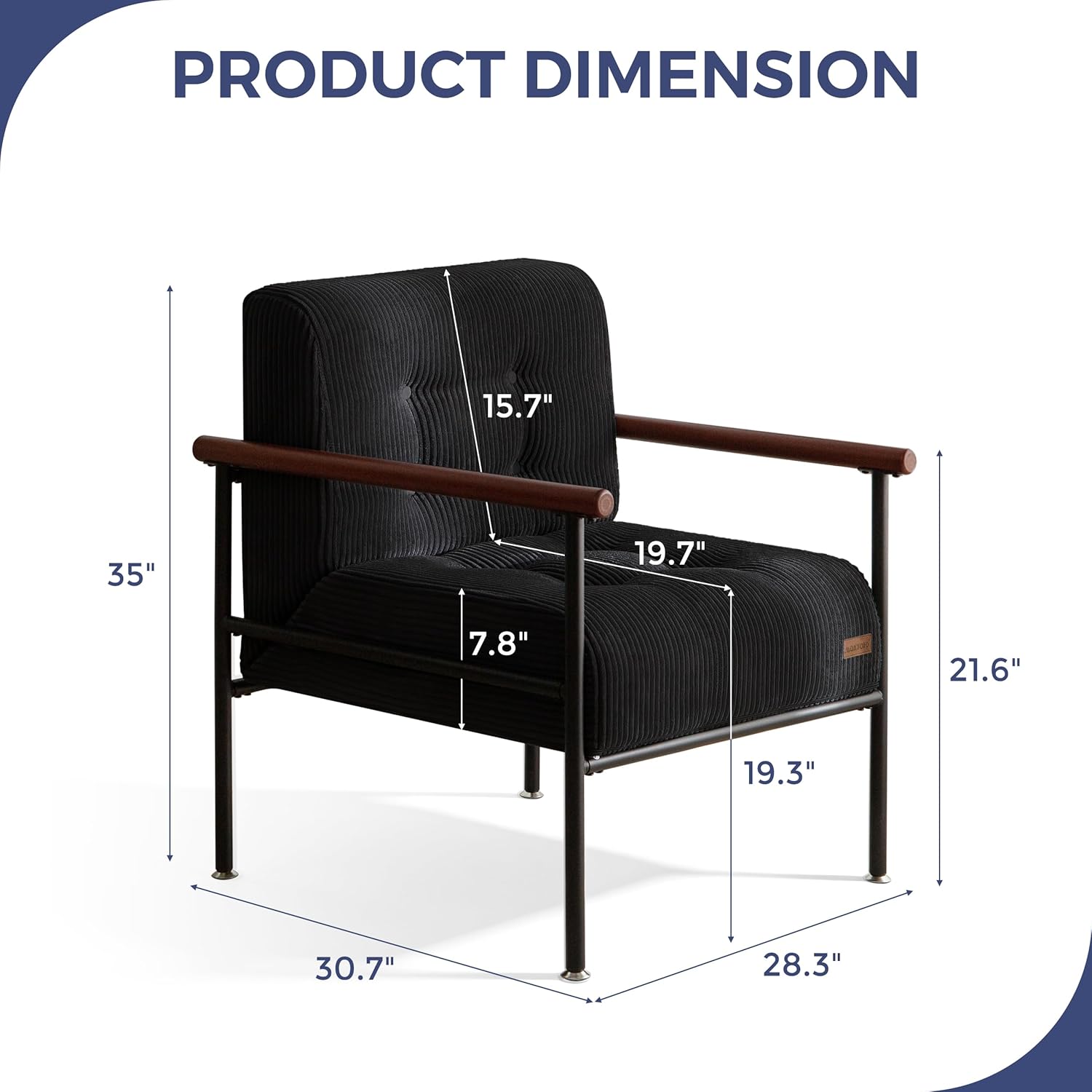 MAXYOYO Living Room Accent Chair, Modern Chair with Sturdy Metal Frame & Wood Armrests, Upholstered Reading Chair with Upholstered Cushion for Bedroom Balcony Porch, Black