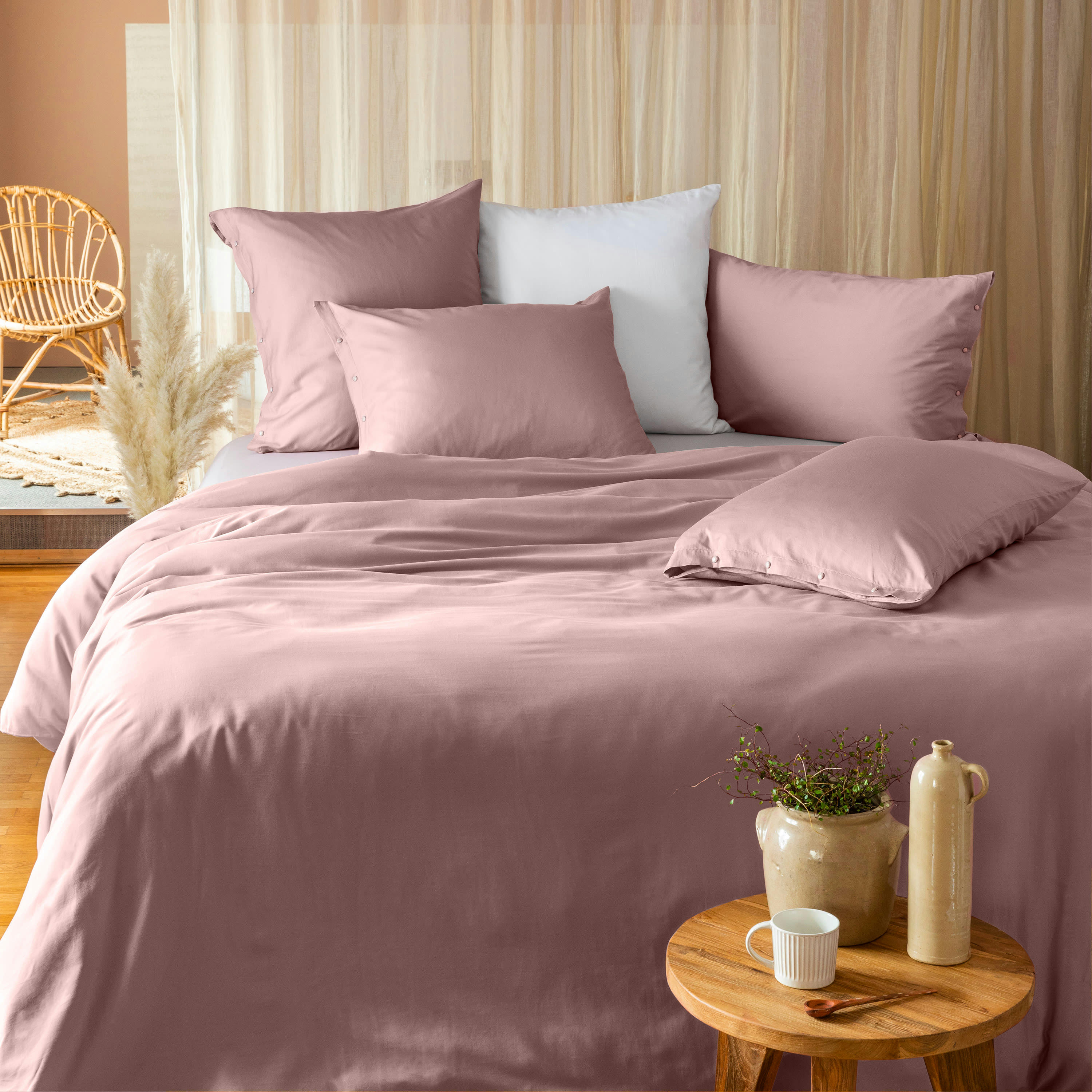 QUARTZ - Housse de couette satin de coton lavé bio uni rose 200 x 200 cm