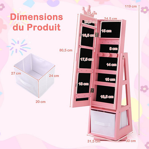 Armoire a Bijoux Enfant Fille 3 en 1 Armoire à Bijoux avec Miroir sur Pied Organiseur de Bijoux Pivotante Tiroir Pliable Rose