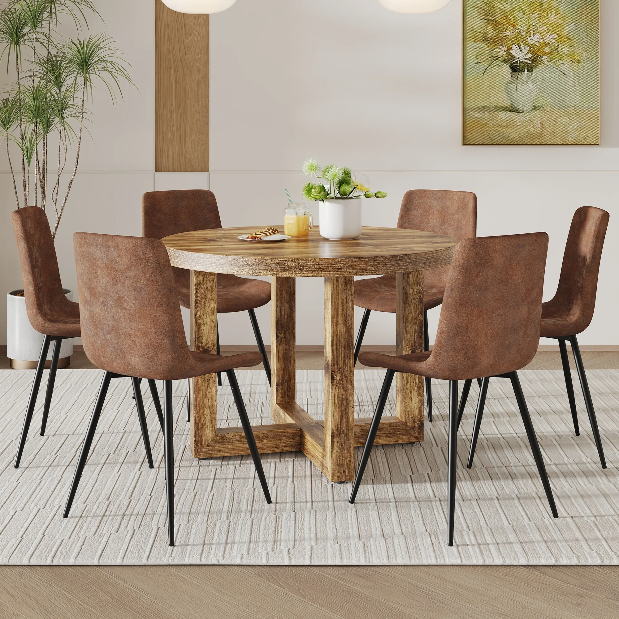 Modern Dining Set with Wooden Round Table and Suede Upholstered Dining Chairs