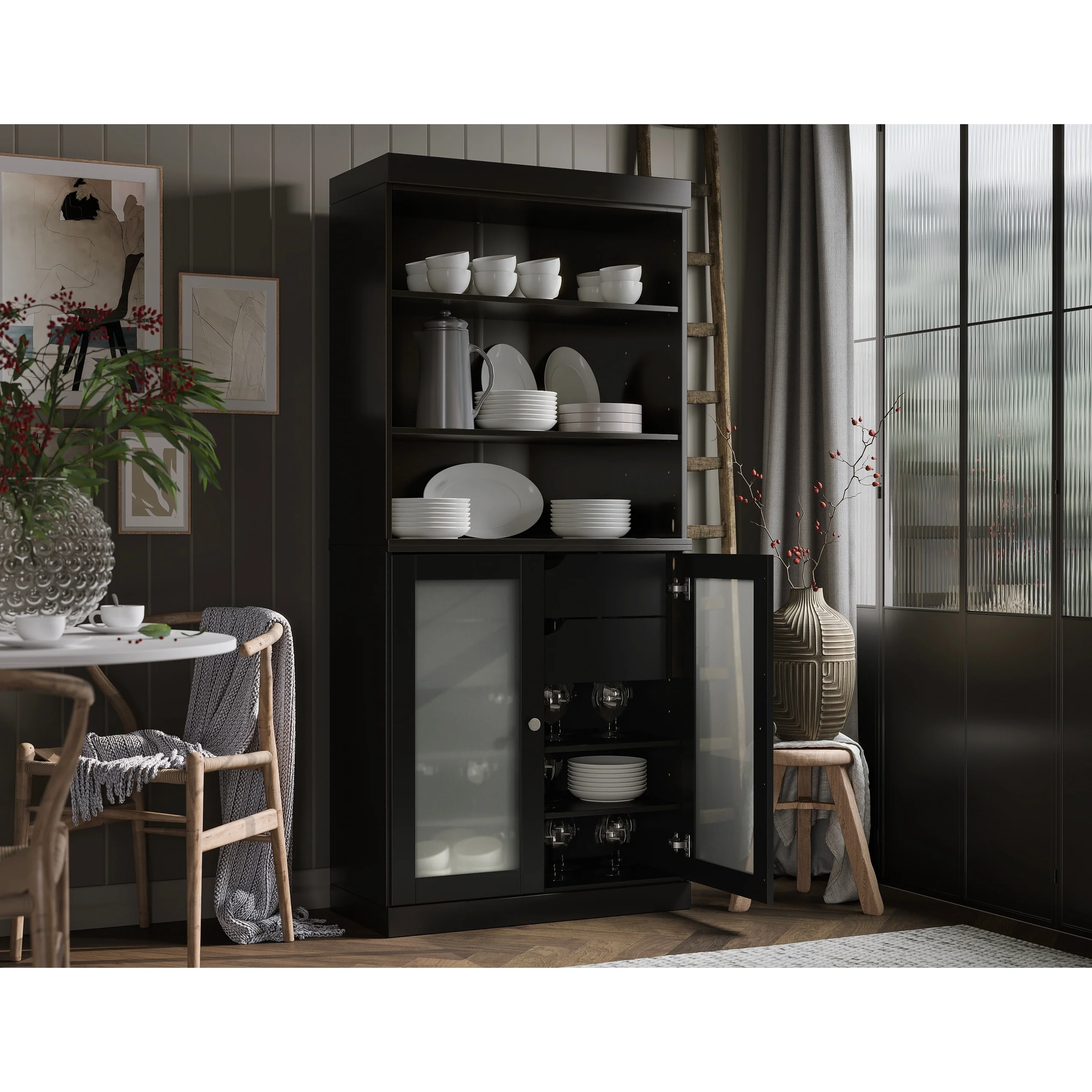 Palace Imports 100% Solid Wood Pantry Cabinet with Frosted Glass Doors, 2-Drawers and Adjustable Shelves - 32 x 71.5