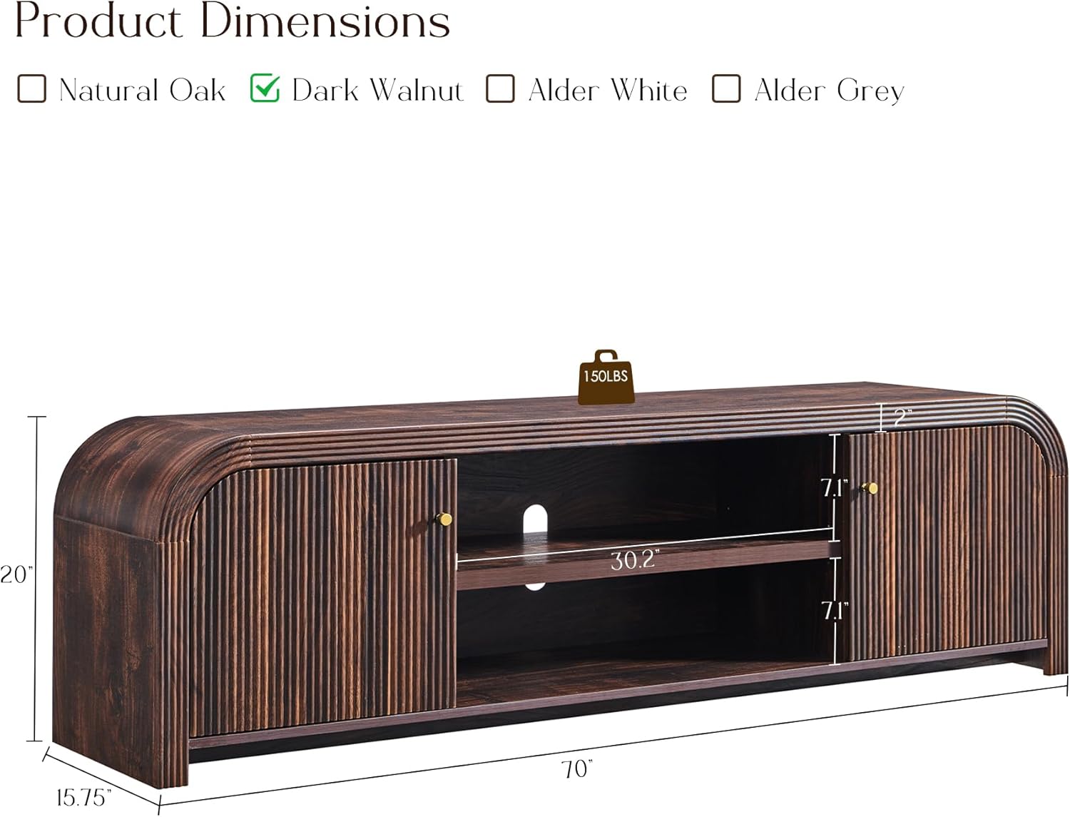 T4TREAM 70 Modern Fluted TV Stand, Long TV Table Entertainment Center with Storage, Media Console for Living Room with Door and Adjustable Shelves (Dark Walnut)