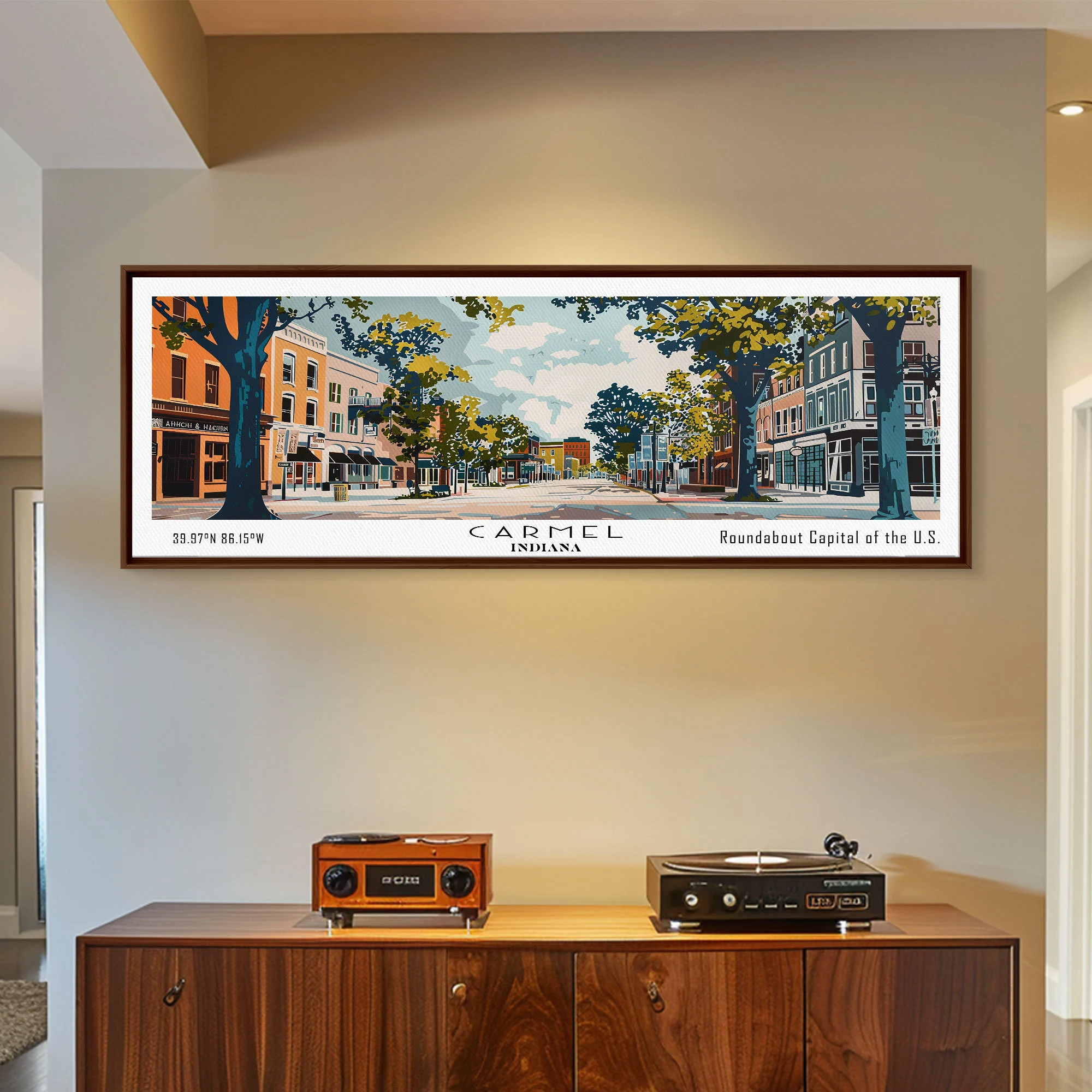 Carmel Indiana Panoramic Canvas Print: Mid-Century Modern Retro Travel Art