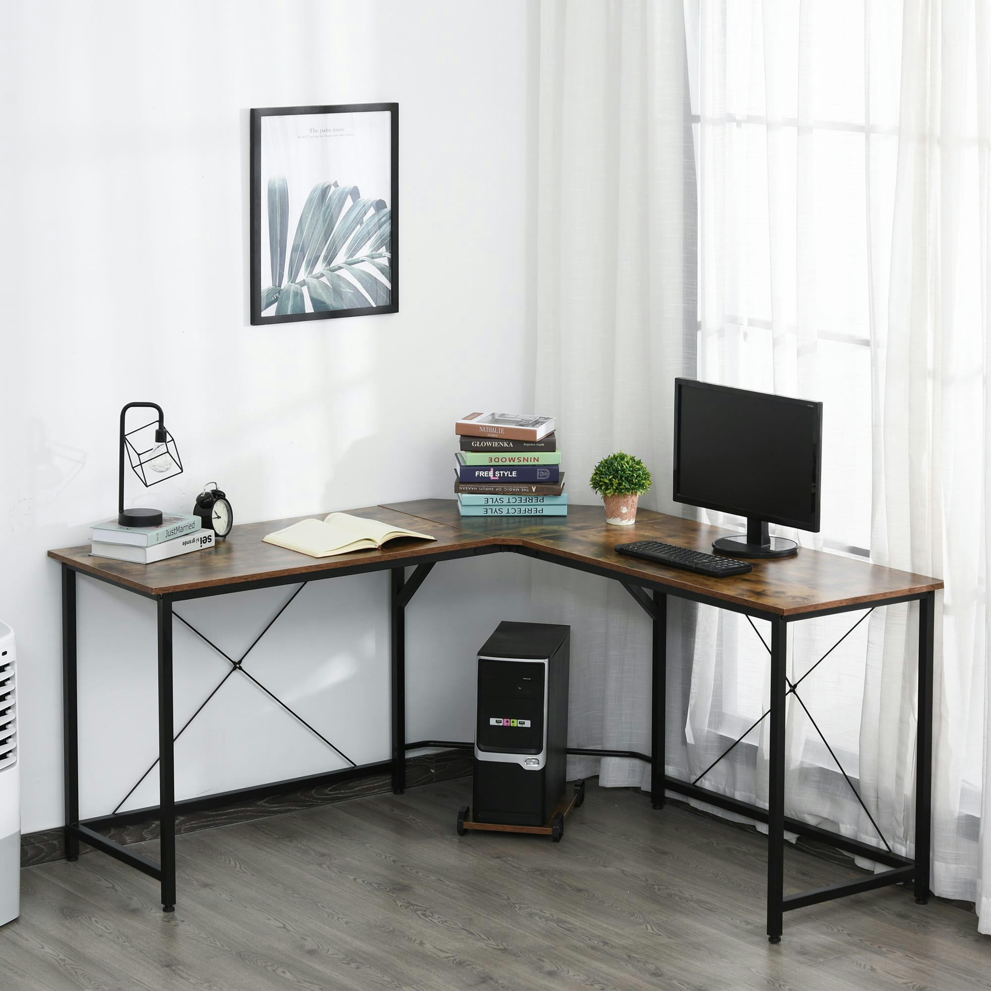 - Bureau d'angle design industriel aspect vieux bois métal noir