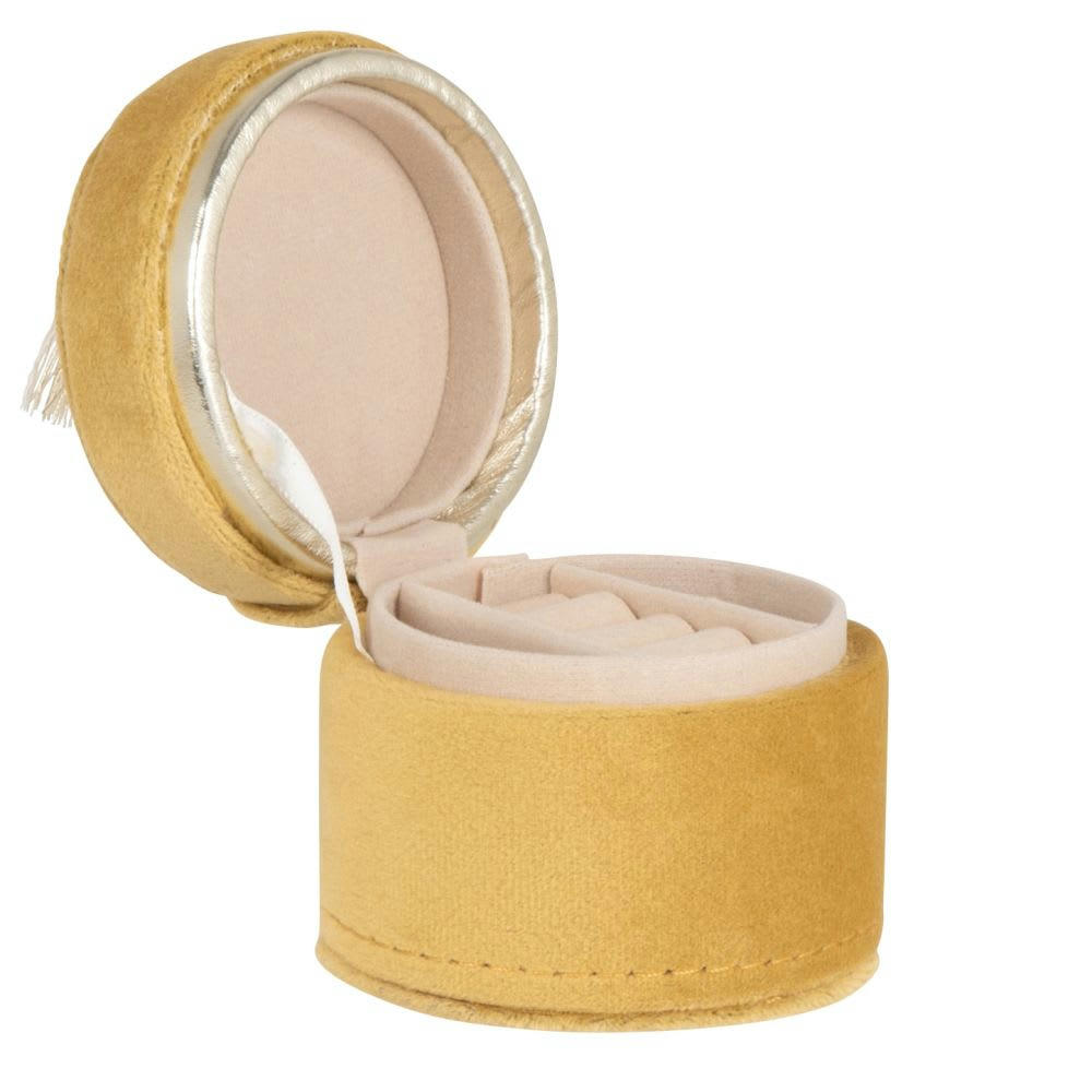 - Mini boîte à bijoux ronde compartimentée en velours jaune moutarde