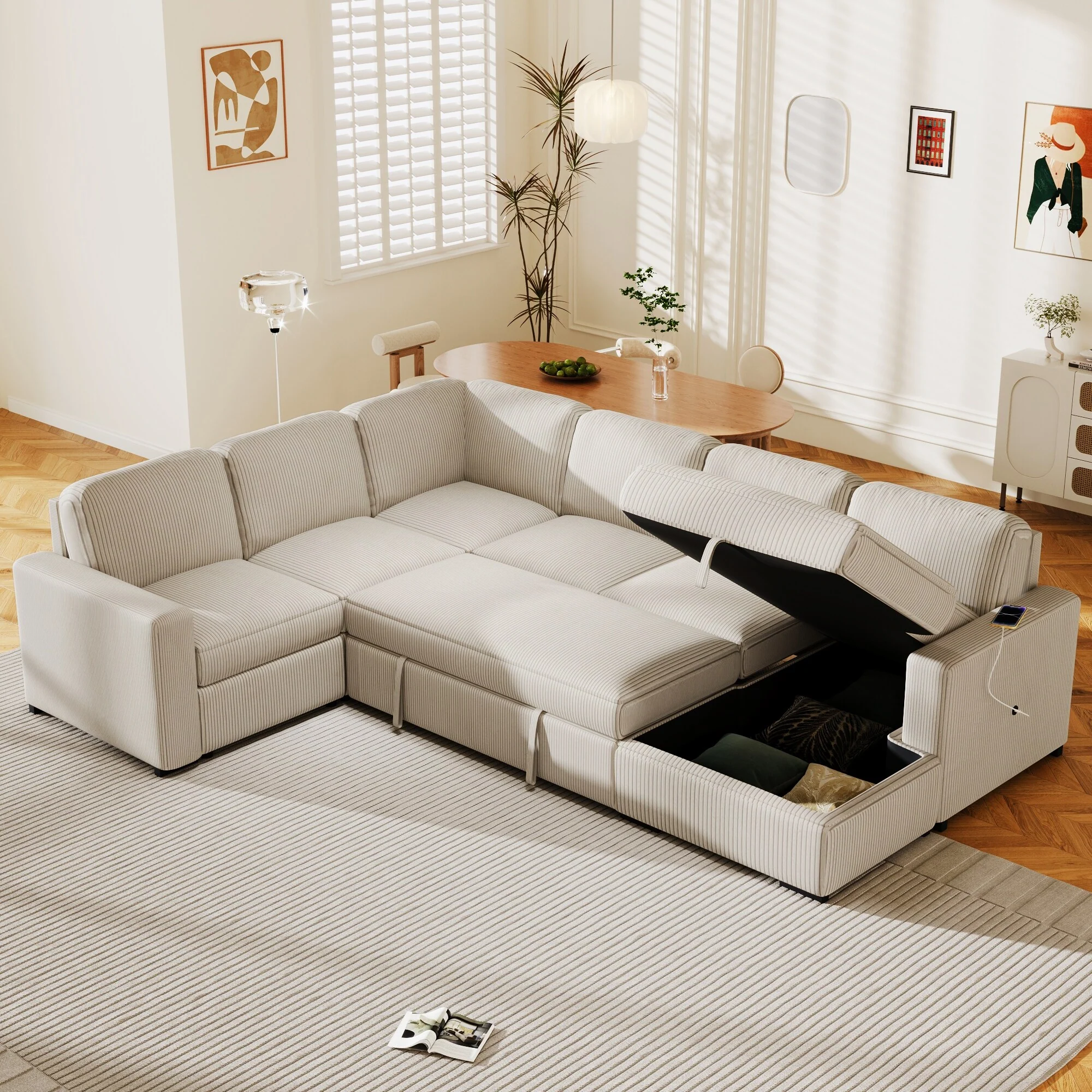 116.5 Corduroy 6-Seater Sofa with Pull-Out Bed & USB Ports