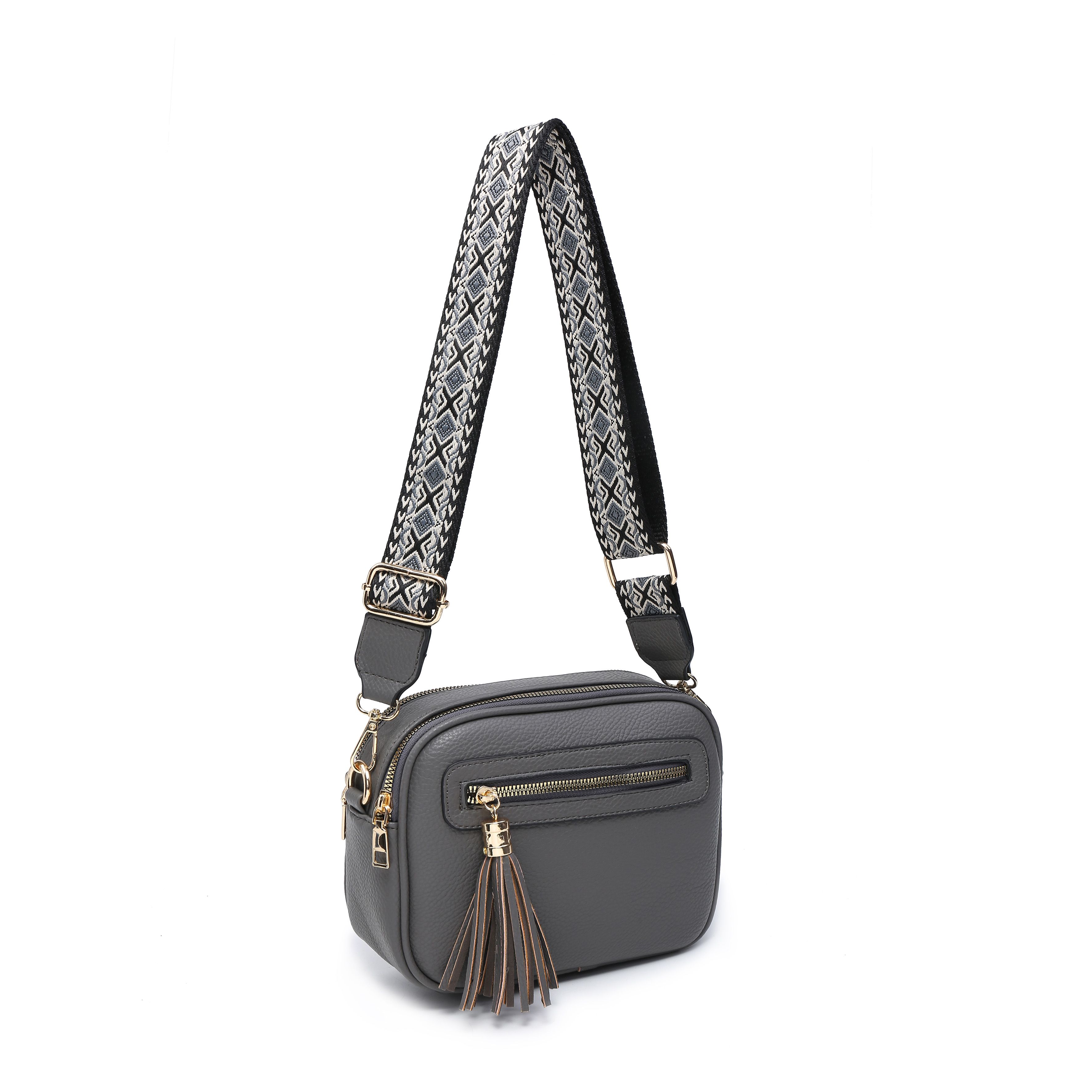 JFY Tassel Two Zipped Sections Canvas Strap Cross Body Bag