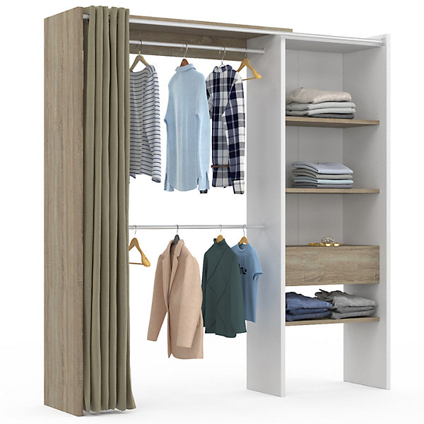 Dressing extensible MARTY 120/170 x 50 x 180 cm blanc avec étagères hêtre   double penderie   rideau taupe