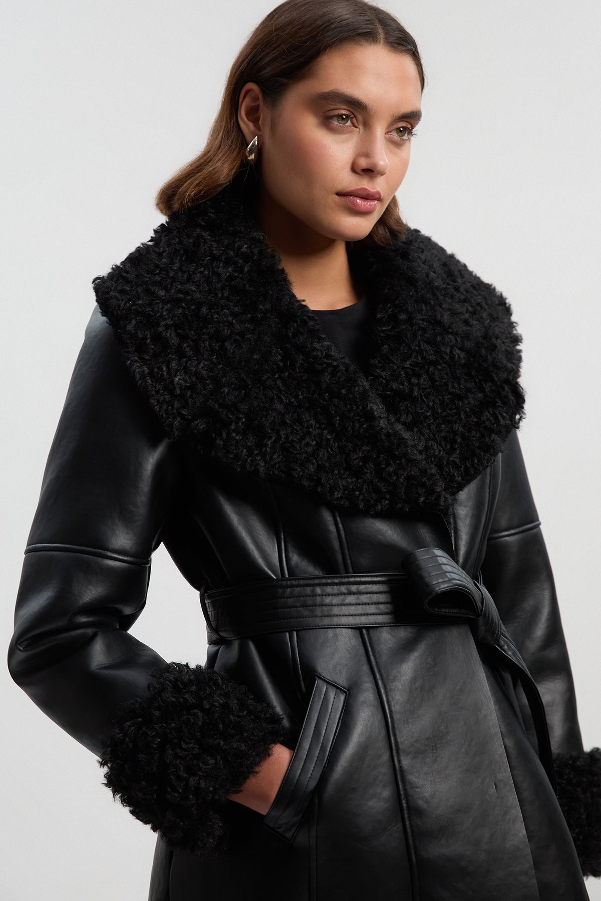 KarenMillen Faux Long Fur Belted Cuff And Collar Coat