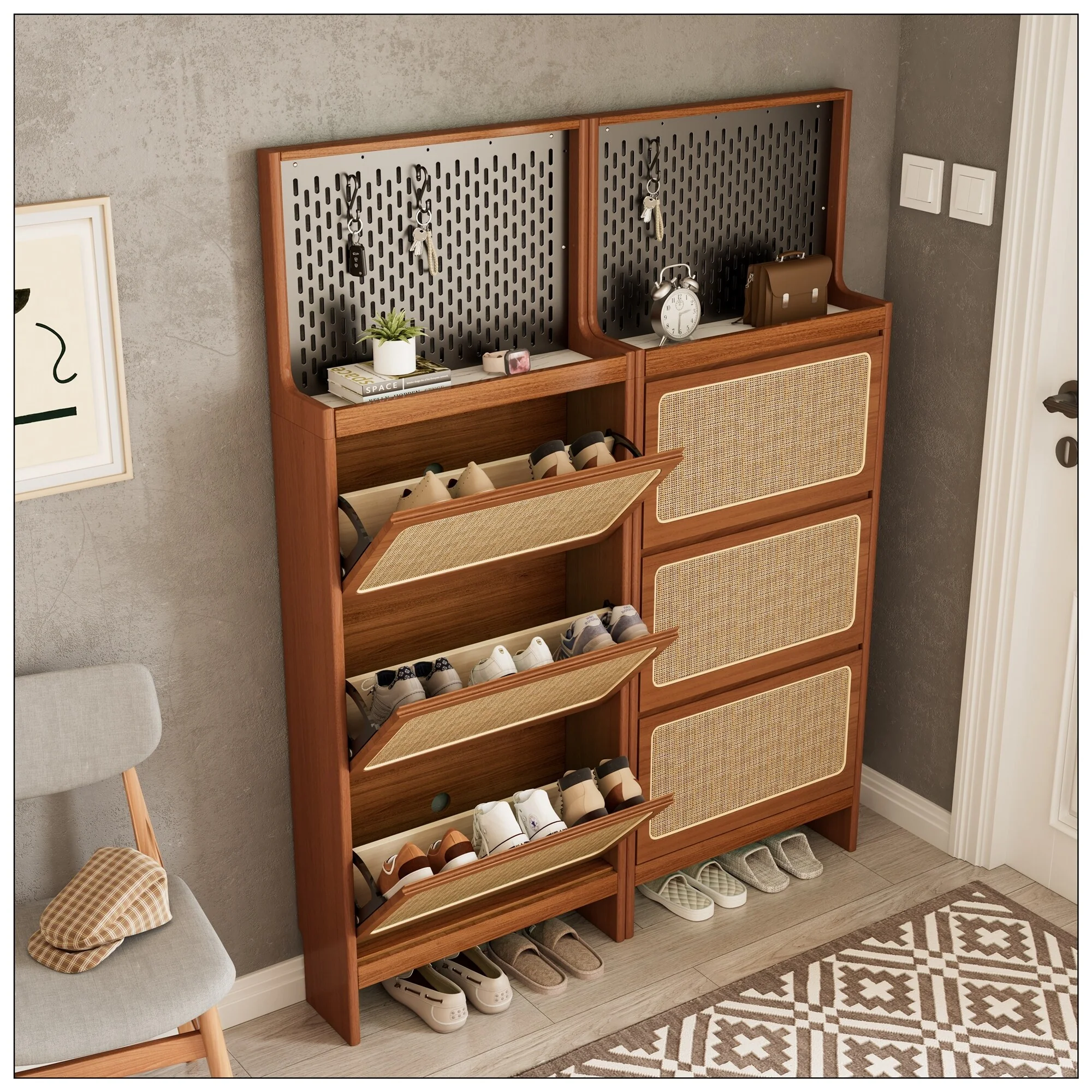 Rattan Shoe Cabinet with 3 Flip Drawers for Entryway