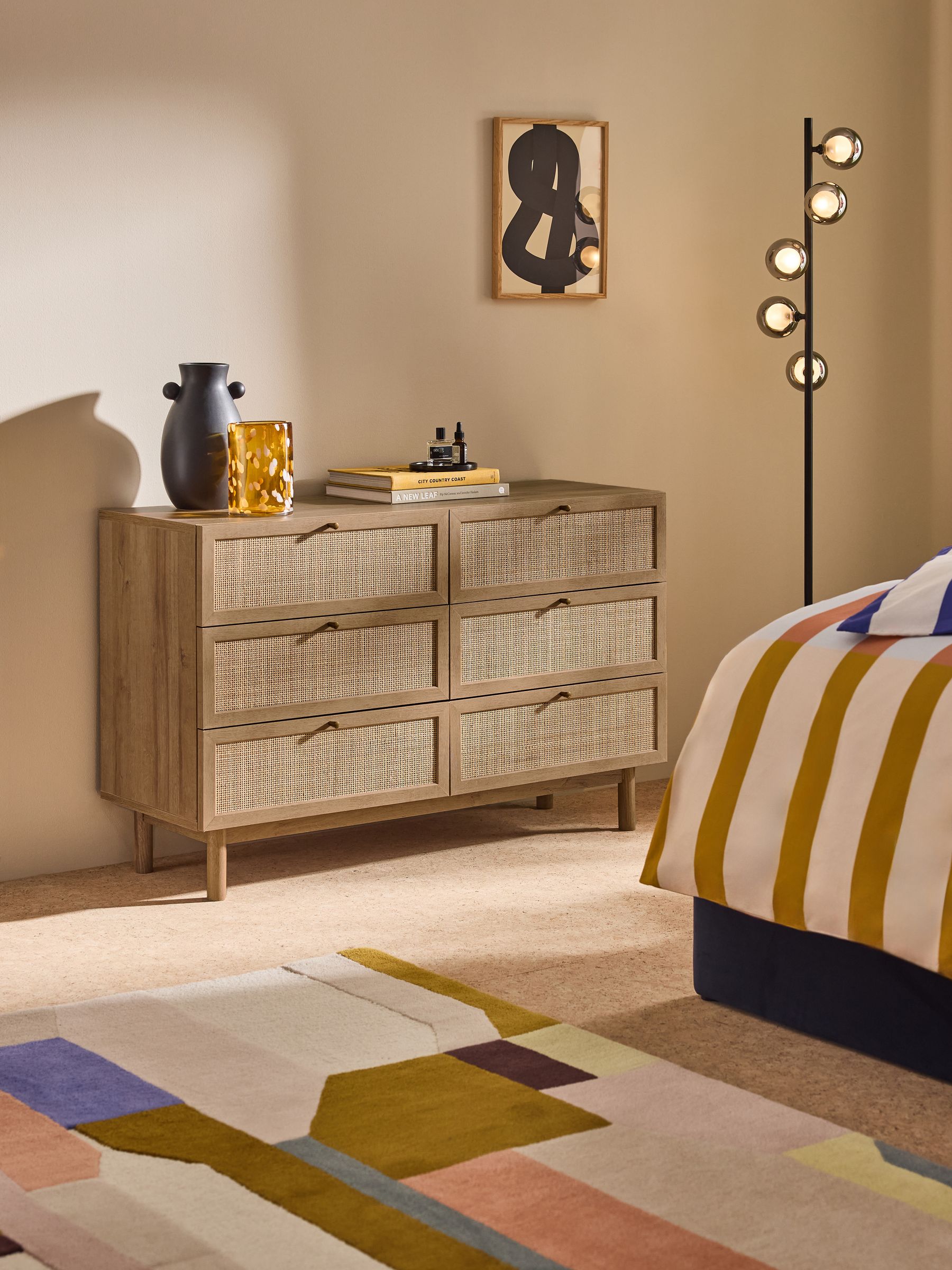 Pavia Rattan 6 Drawer Wide Chest of Drawers in Oak Effect 2
