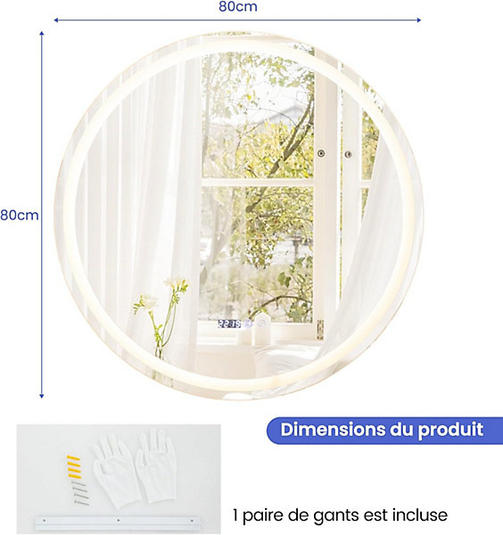 Miroir Mural de Salle de Bain LED Antibuée avec Interrupteur Tactile 3 Couleurs Luminosité Réglable Rond