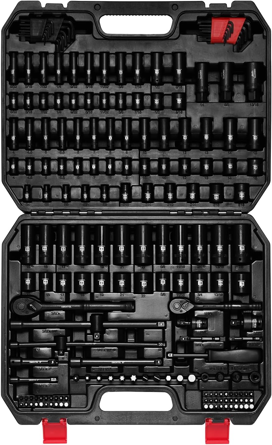 EMENTOL 189-Piece Impact Socket Set, 1/4 & 3/8 Drive Metric and SAE Sizes, CR-V Steel, Includes Deep & Shallow Sockets, Ratchets, Bits, Extensions, Spark Plug Socket & More, with Plastic Tool Case