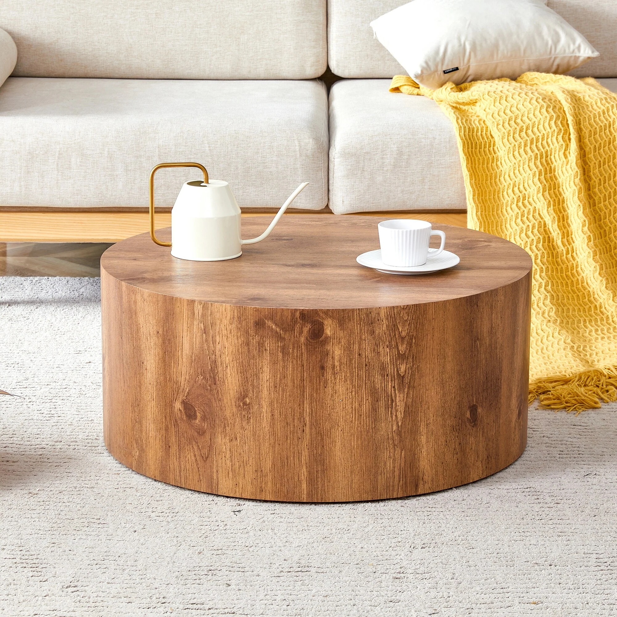 Small Wood Grain Coffee Table, Home Round End Table Side Table, Stylish Home Decor Table for Living Room, Office