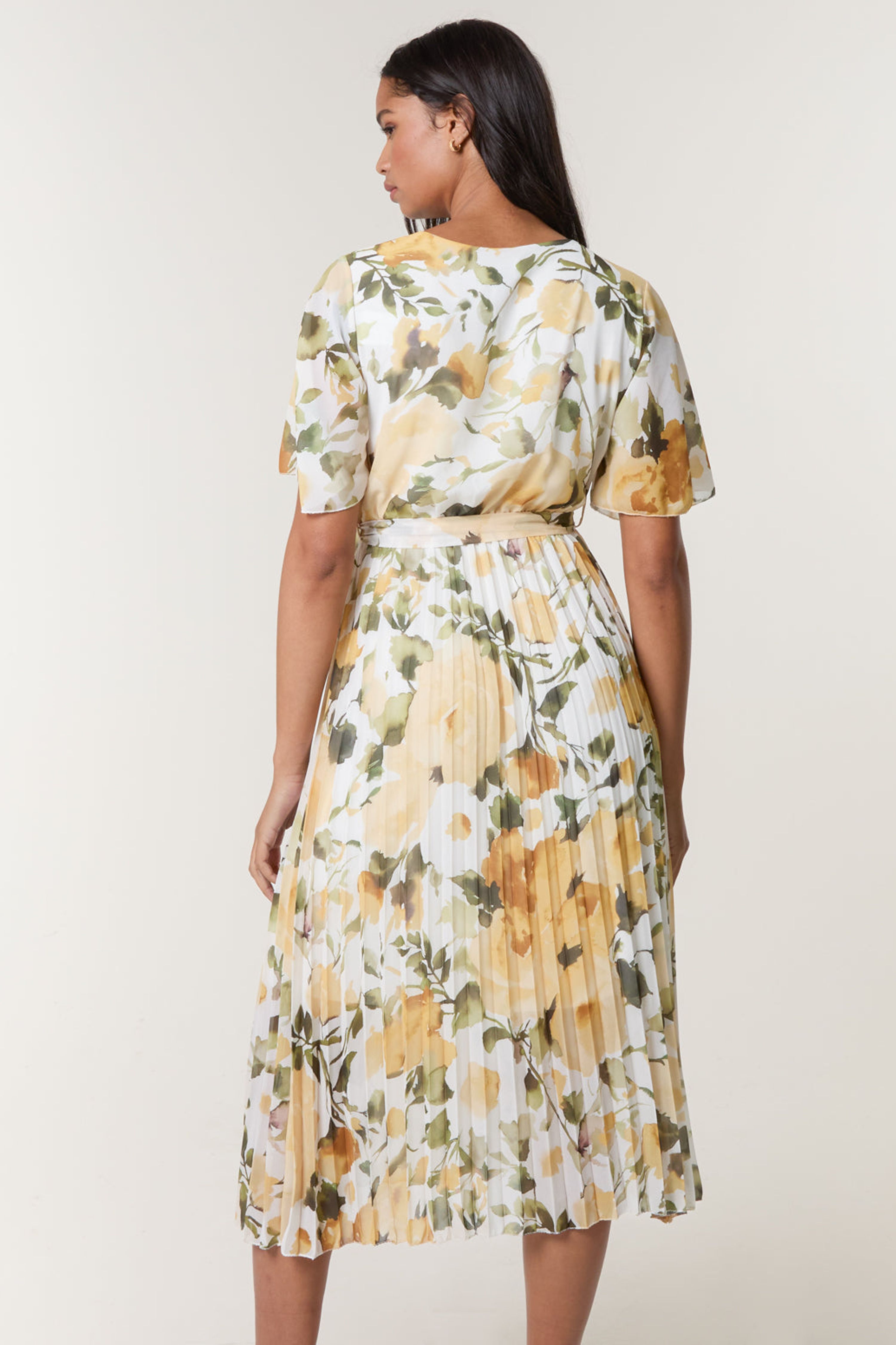 Blue Vanilla Yellow Short Sleeve Wrap Pleat Dress