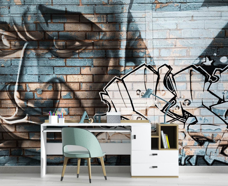 Feeby Fototapeta, Niebieska twarz mężczyzny mural na cegle 150x105