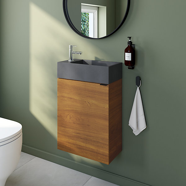 Meuble lave-mains effet noyer l.44 cm Imandra   plan vasque béton gris, GoodHome