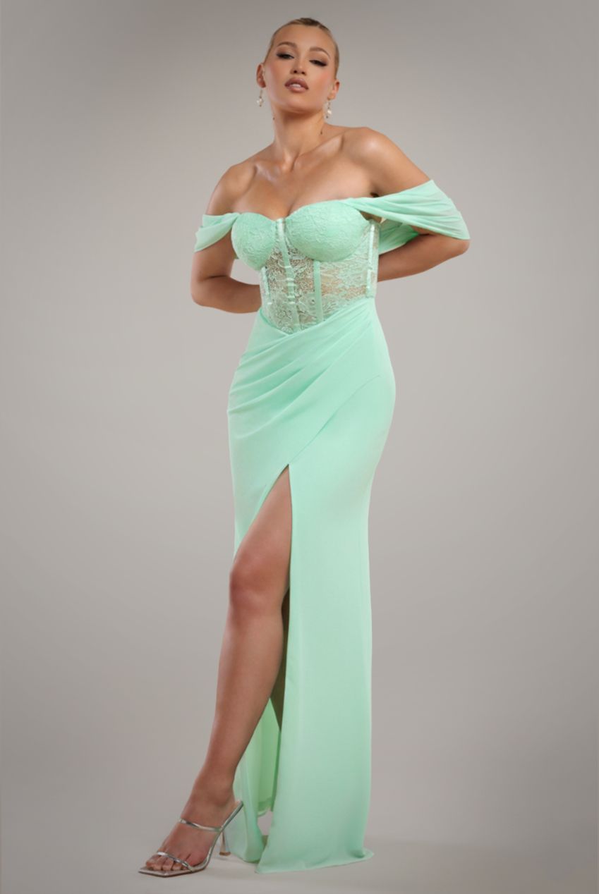 Goddiva Scalloped Lace & Chiffon Winged Corset Bodice Maxi Dress