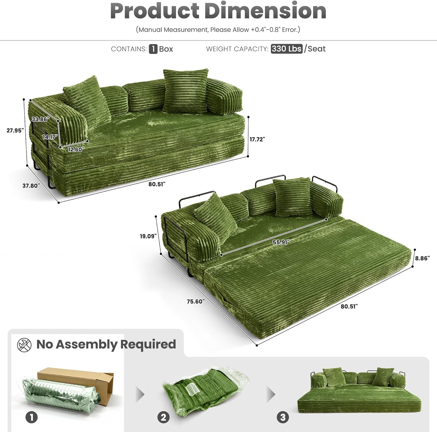 ovios 81 Folding Sofa Bed, Foldable Sleeper Boneless Couch with Pull Out Beds, Modular Convertible Floor Futon Loveseat Lounger for Living Room (Faux Fur, Green)
