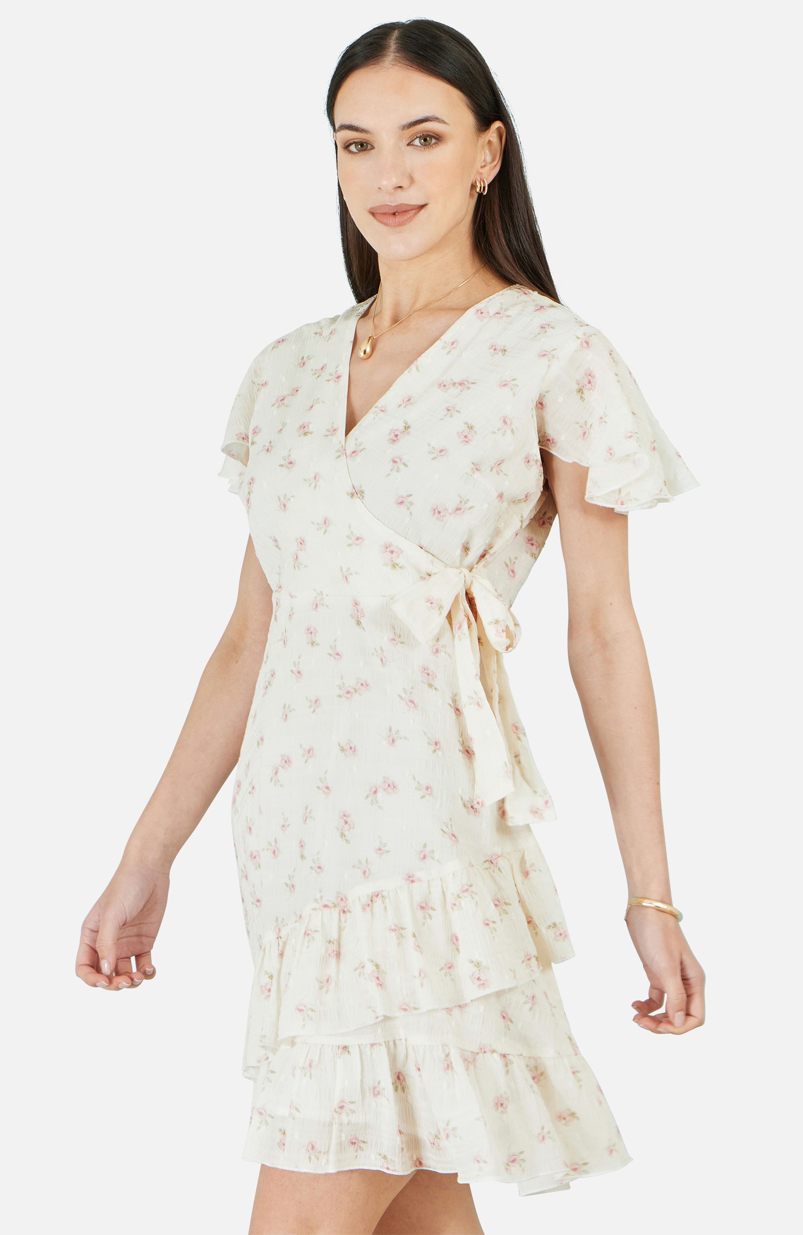 Yumi White Rose Print Wrap Over Frill Dress