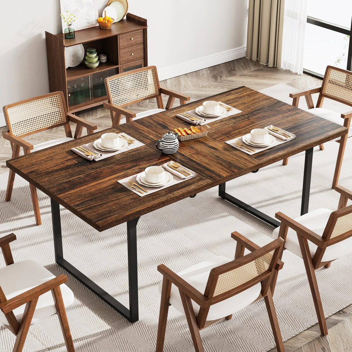 Extendable Dining Room Table for 6-8 people, Wood Rectangular Dinner Table with Metal Frame
