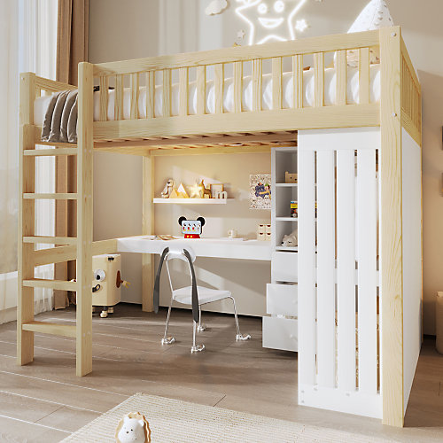 Lit mezzanine 140x200cm - bureau et armoire - 3 tiroirs - escalier - naturel (matelas non inclus)